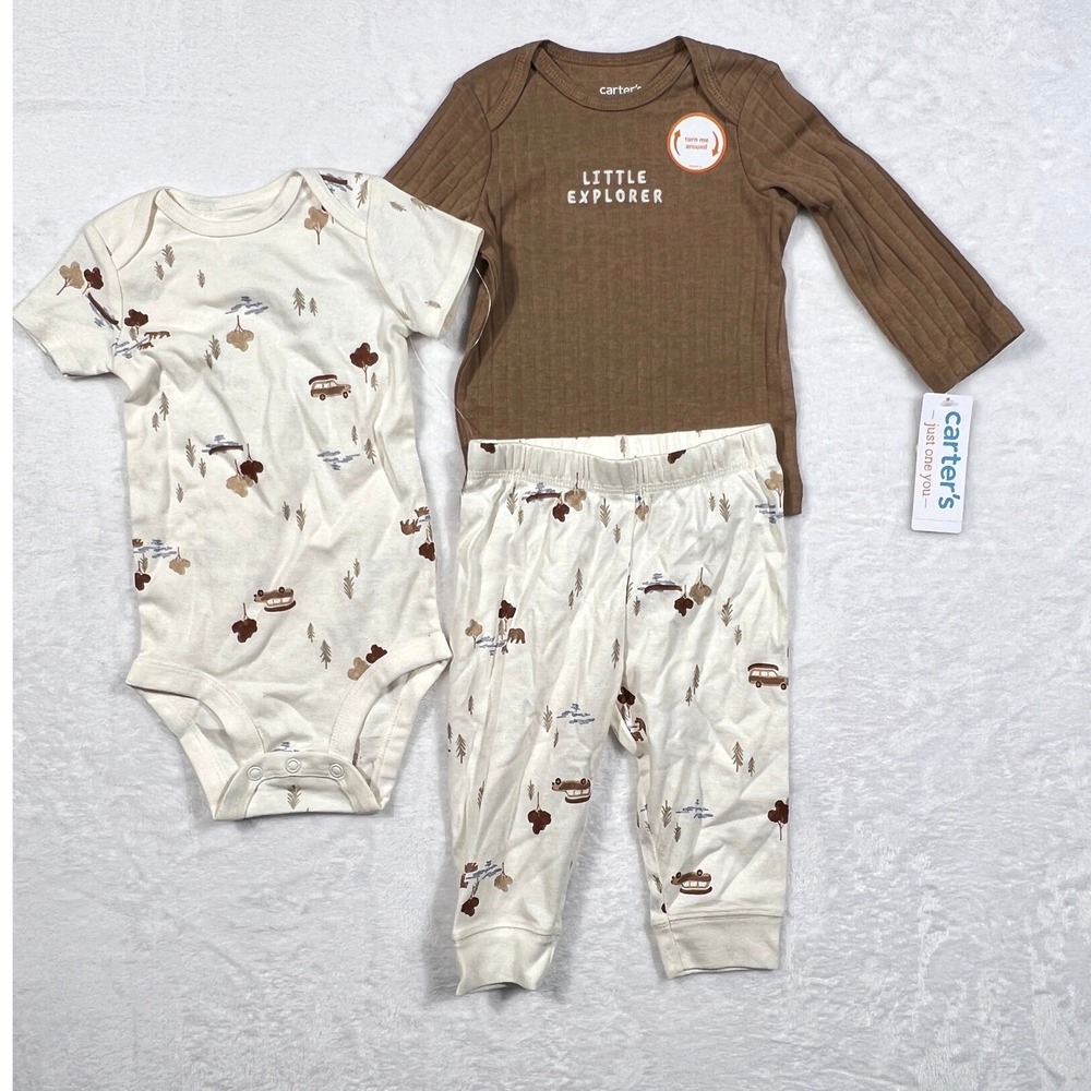 Carters Just One You Baby Boy 6M 3-Piece Little Explorer Camping Set Brown Cream